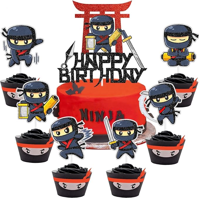 Ninja Warrior Cake Topper Set of 7 Happy Birthday Samurai Sword Fei Decorations, Boy or girl Ninja theme birthday party, martial arts karate party, or baby shower party decorations. SugarGera