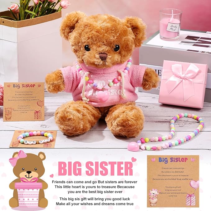 Taiyin Big Sister Gift Set Big Sister Bear with Bracelet Necklace Jewelry “I'm the Big Sister” Message Stuffed Animal Bear Toy Big Sis Gifts for Little Girls Christmas