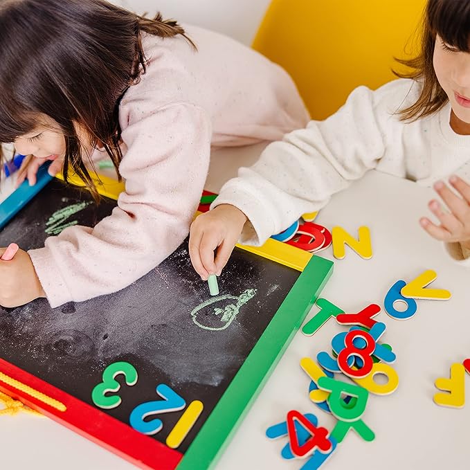 Melissa & Doug Magnetic Chalkboard and Dry-Erase Board With 36 Magnets (Numbers and Uppercase Letters), Chalk, Eraser, and Dry-Erase Pen Letters And Numbers Learning Toys, Chalk Board
