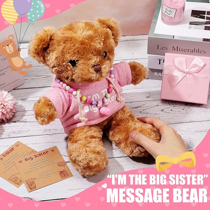 Taiyin Big Sister Gift Set Big Sister Bear with Bracelet Necklace Jewelry “I'm the Big Sister” Message Stuffed Animal Bear Toy Big Sis Gifts for Little Girls Christmas