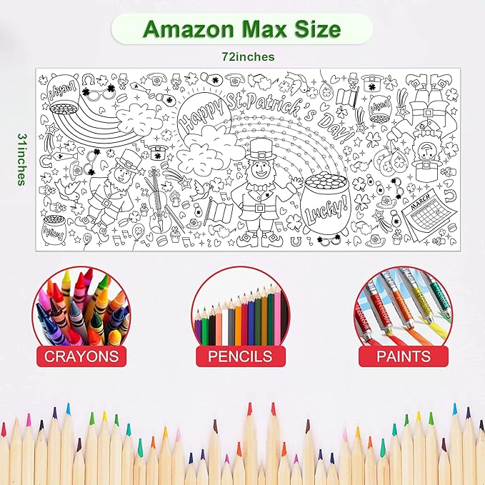 OHOME St. Patrick's Day Giant Coloring Poster/Tablecloth - St Patricks Day Decorations - 30 x 72 Inches Jumbo Paper Coloring Banner Kids Gifts Party Decorations - St Pattys Day Crafts for Kids