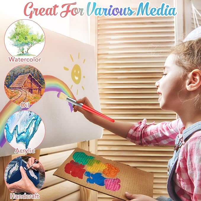 Paint Brushes for Kids, 10 Pcs Big Washable Chubby Toddler Paint Brushes, Easy to Clean & Grip Round and Flat Preschool Paint Brushes with No Shed Bristle for Acrylic Paint, Washable Paint