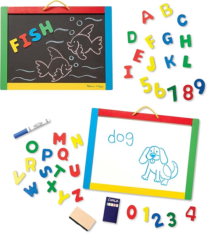 Melissa & Doug Magnetic Chalkboard and Dry-Erase Board With 36 Magnets (Numbers and Uppercase Letters), Chalk, Eraser, and Dry-Erase Pen Letters And Numbers Learning Toys, Chalk Board