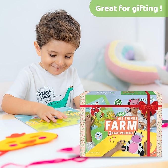 jackinthebox Farm Craft kit for 3 to 5 Year olds, 3 Craft Projects - Pretend Play Animal Masks, Farm Puzzle with Stickers, DIY Cow Notepad, Great Gift for Boys and Girls Ages 3 4 5 Years..