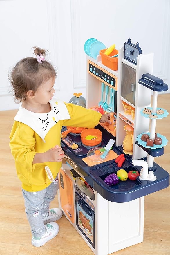 JOYIN 65PCS Kids Kitchen Playset (Easy Assembly), Play Kitchen with Realistic Lights & Sounds, Simulation of Spray, Play Sink with Running Water, Dessert Shelf Toy & Kitchen Accessories Set