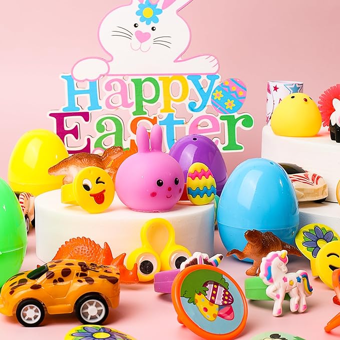 JOYIN 200Pcs Prefilled Easter Eggs with Assorted Toys Plus Stickers Inside, Easter Eggs Filled for Kids, Basket Stuffers, Egg Hunt, Party Favors, Classroom Prize Supplies