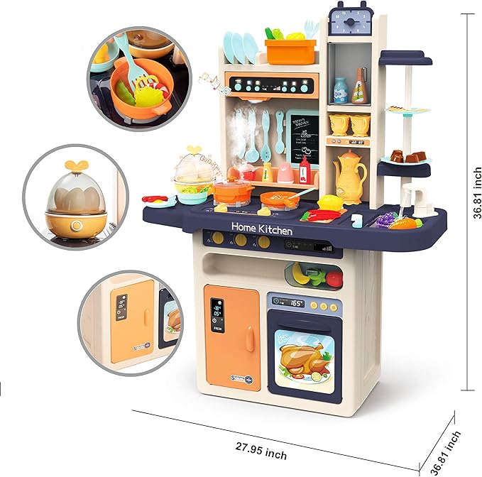 JOYIN 65PCS Kids Kitchen Playset (Easy Assembly), Play Kitchen with Realistic Lights & Sounds, Simulation of Spray, Play Sink with Running Water, Dessert Shelf Toy & Kitchen Accessories Set