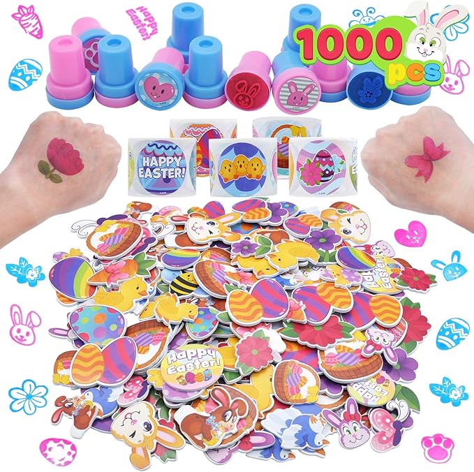 JOYIN 1000 Easter Arts & Crafts with Stickers Rolls, Stampers, foam stickers, and Temporary Tattoos for Easter Basket Stuffers, Egg Fillers, Egg Hunt Party, and Classroom Events