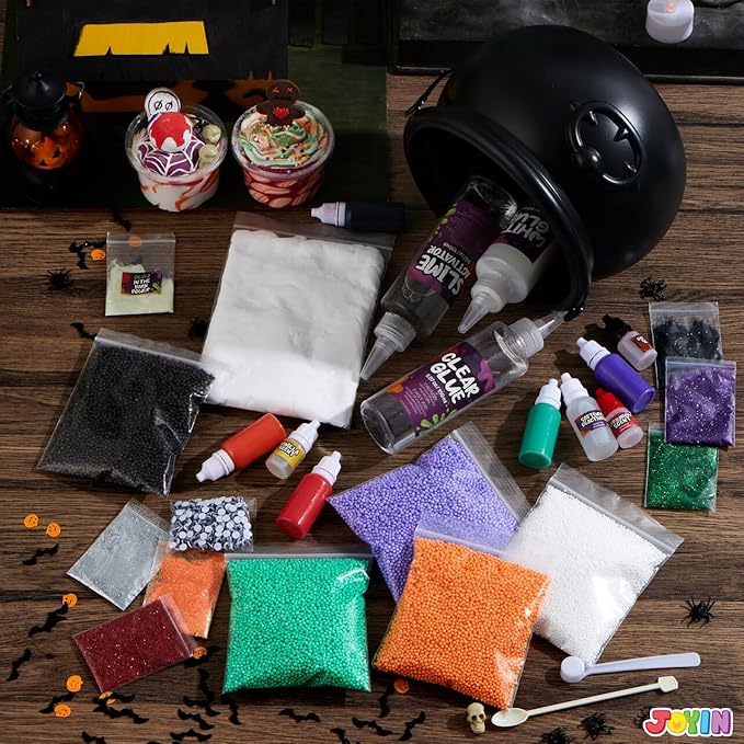 JOYIN Halloween Slime Kit for Kids, Halloween Party Favor, Art Activities Party Supplies, DIY Slime Craft Kit with Cauldron Kettle, Spooky Bats, Eyeballs, Pumpkins, Skeletons, Spiders, Party Game Gift