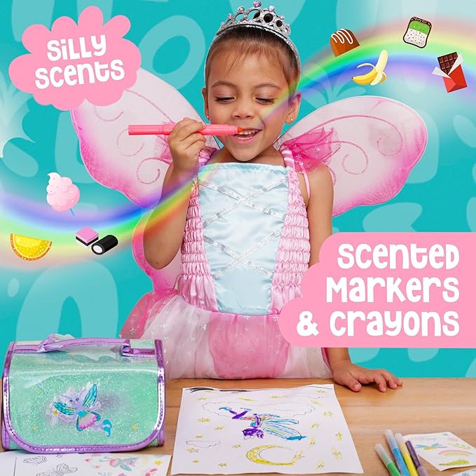 Scented Markers For Kids - Art Kits for Kids 6-9 - Fairy Gifts For Girls - Coloring Kit Includes Smelly Markers, Stamp Markers, Sparkly Fairy Pencil Case - Fairy Toys & Art Set For Girls Ages 8-12