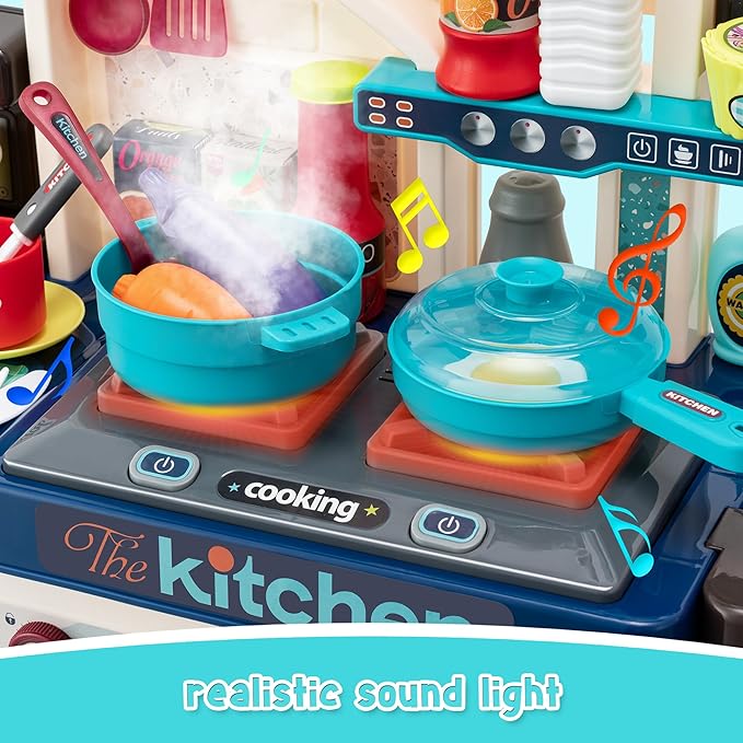 Kids Kitchen Playset-53pcs Cooking Stove,Paly Sink,Oven,Kitchen Toys with Realistic Lights&Sounds,Pretend Play Toys,Kitchen Toys for Toddler 1 2 3(Blue)