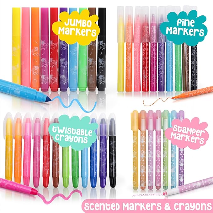 Scented Markers For Kids - Art Kits for Kids 6-9 - Fairy Gifts For Girls - Coloring Kit Includes Smelly Markers, Stamp Markers, Sparkly Fairy Pencil Case - Fairy Toys & Art Set For Girls Ages 8-12