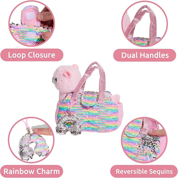 Little Jupiter Pet Plush Set with Purse w/Reversible Sequins & Charm - Stuffed Animal Toy for Kids Ages 4-7 - Stuffed Animal Purse - Stuffed Animals for Girls - (Pink Llama)