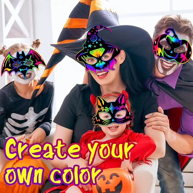 JMUQ Halloween Scratch Mask Games for Kids, 72Pcs Halloween Scratch Art Craft Kit Rainbow Scratch Paper Art for Halloween Party Favors Supplies Halloween Classroom Favors Halloween Activities