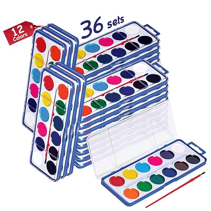 Pack of 36 Watercolor Paint Set - Watercolor Palette with 12 Washable Colors, Paintbrushes - Watercolors Paint Set Ideal for Preschool Classroom, Art School Supplies or Kids Party Favors