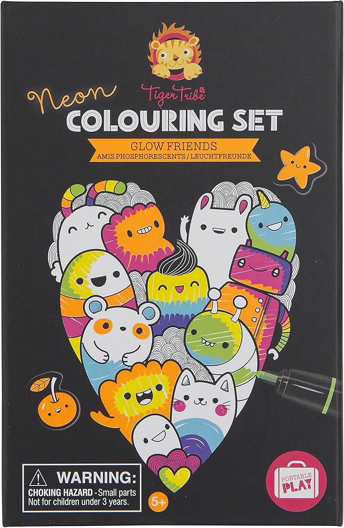 Tiger Tribe: Neon Coloring Set - Glow Friends - Activity Set w/Stickers, Themed Pages & Markers Stored Inside Magnetic Sealed Storage Box, Kid Age 4+