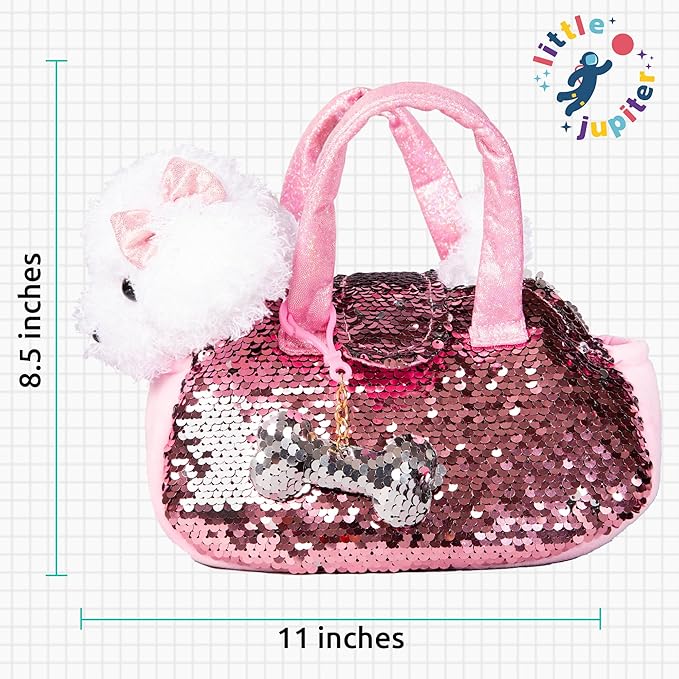 Little Jupiter Pet Plush Set with Purse w/ Reversible Sequins & Charm - Stuffed Animal Toy for Kids Ages 4 - 5 - 6 - 7 - Stuffed Animal Purse - Stuffed Animals for Girls - (White Labradoodle)