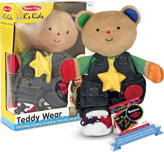 Melissa & Doug Teddy Wear: K's Kids Series Plush Bundle with 1 Theme Compatible M&D Scratch Art Mini-Pad (09169)
