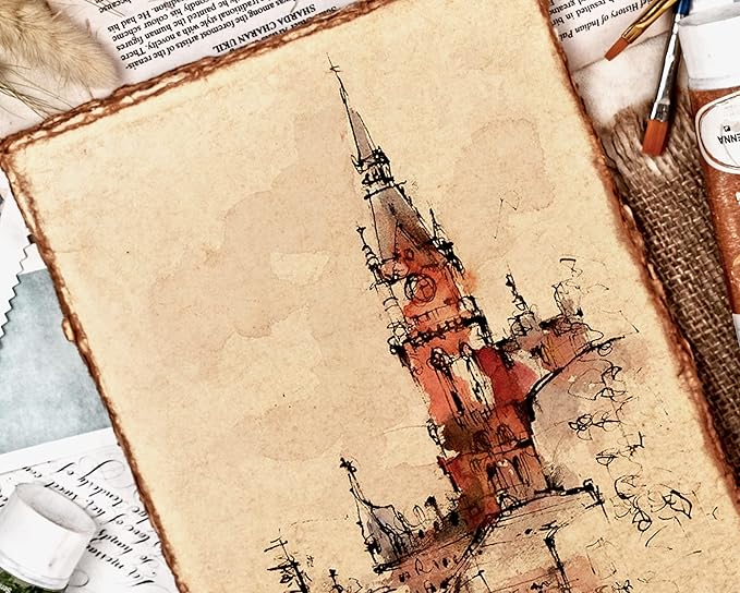 LEATHER VILLAGE Watercolor Paper - 9.5 X 12 inches, 50 Sheets - Mixed Media Watercolor Paper - 150 GSM Thick Deckle Edge Virgin Cotton Handmade Paper - Vintage Toned