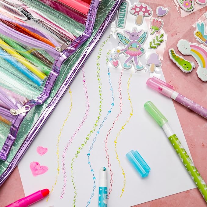 Scented Markers For Kids - Art Kits for Kids 6-9 - Fairy Gifts For Girls - Coloring Kit Includes Smelly Markers, Stamp Markers, Sparkly Fairy Pencil Case - Fairy Toys & Art Set For Girls Ages 8-12