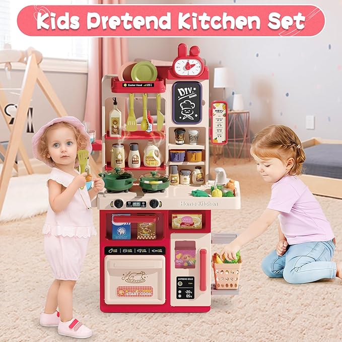 Kids Kitchen Playset Set, 63PCS Pretend Play Kitchen Toys for Toddlers, Cooking Stove with Steam Sound Light, Play Sink with Manual Faucet, Play Food Accessories Gift for Girls Boys, 33’’H