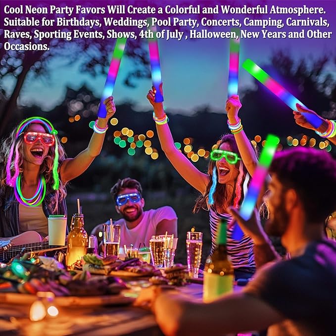 168 PCS Glow Party Supplies Light Up Party Favors with 16 Foam Glow Sticks, 16 LED Glasses,120 Glow Sticks Bracelets and 16 LED Hair Clips Fiber Optic Neon Accessories for Birthday, Wedding, Concert