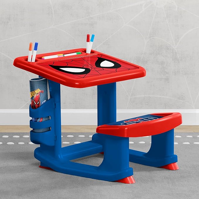 Spider-Man Draw and Play Desk by Delta Children – Includes 10 Markers and Coloring Book, Blue