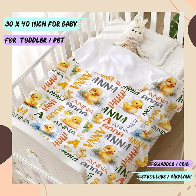 Custom Name Duck Blanket for Girls Adult duck Blanket Kids Funny Blanket Suitable for bedroom bed sofa Crib Couch Chair outdoor All Season Items That Yellow Duck Lovers Will Love80"x60"for Adult
