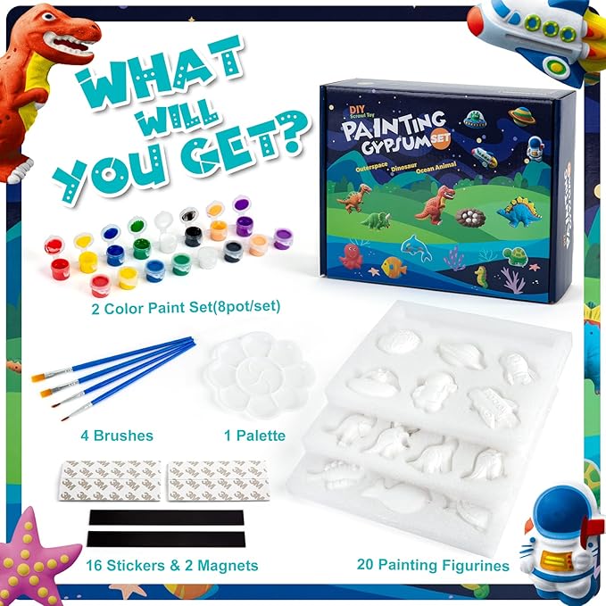 Juboury Kids Arts and Crafts Set Painting Kit - Plaster Painting Craft Kit Art Set - Painting Your Own Space Dinosaurs & Marine life Figurines - Ceramic Painting Kit for Kids, Girls, Boys, Toddlers