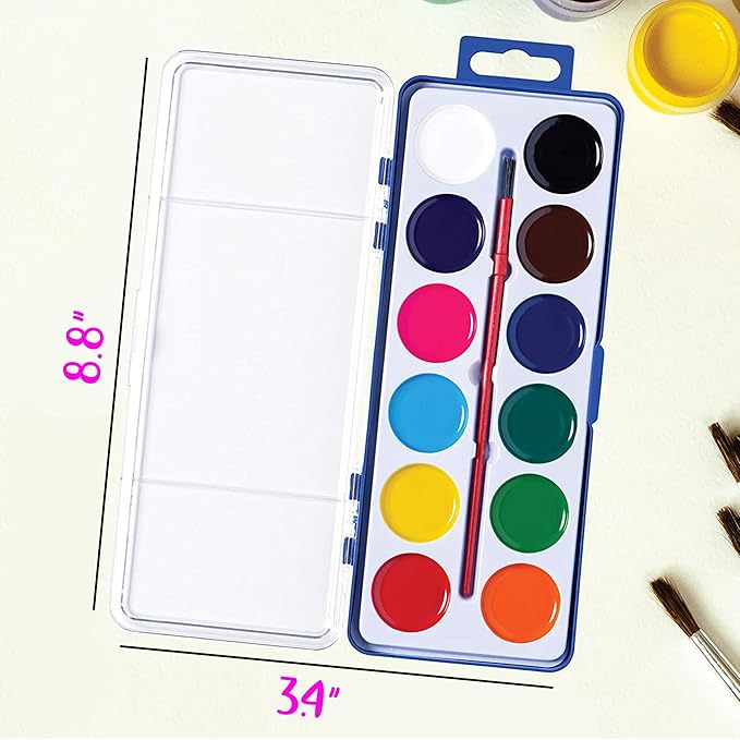 Pack of 24 Watercolor Paint - 12 Washable Paint Palettes (2oz/each) - Water Color Paint Sets for Kids - Ideal for Art Projects, School, Classrooms, and Home - Vibrant Colors and Easy Clean-Up