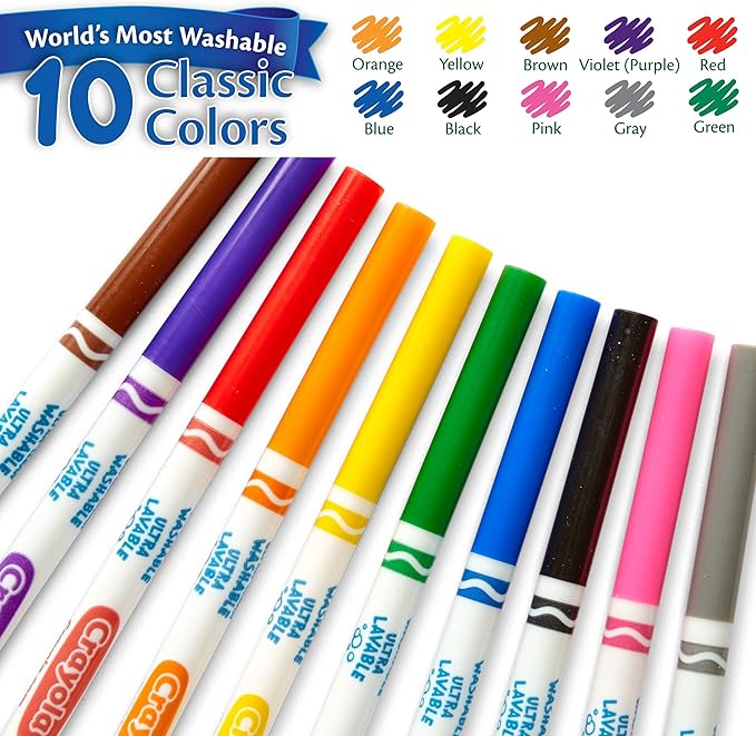 Crayola Ultra Clean Washable Markers - 12 Pack (10ct), Bulk Washable Markers for Classrooms, Fine Line Markers for Kids, Nontoxic