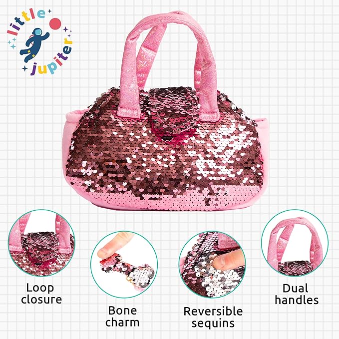 Little Jupiter Pet Plush Set with Purse w/ Reversible Sequins & Charm - Stuffed Animal Toy for Kids Ages 4 - 5 - 6 - 7 - Stuffed Animal Purse - Stuffed Animals for Girls - (White Labradoodle)