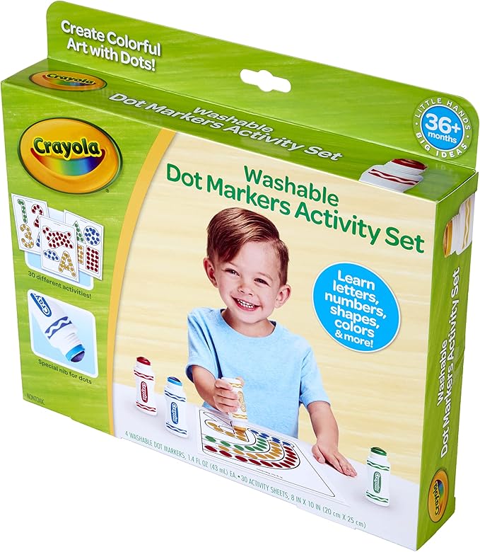 Crayola Washable Dot Markers Activity Set, 30 Toddler Coloring Pages & 4 Washable Markers, Dot Paints for Toddlers, Toddler Gifts, Ages 3+