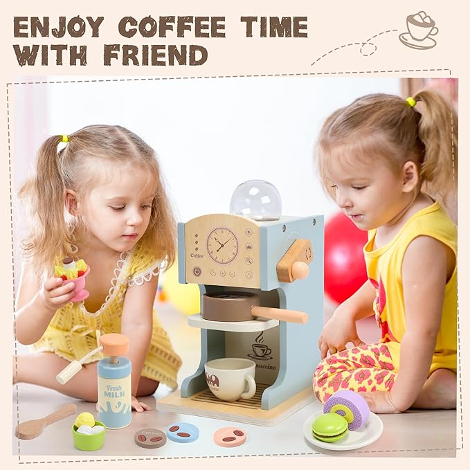 Kids Coffee Playset Kitchen Toys,Wooden Coffee Maker Toy Set with Play Kitchen Accessories, Pretend Play Coffee Set for Kids Girls Boys