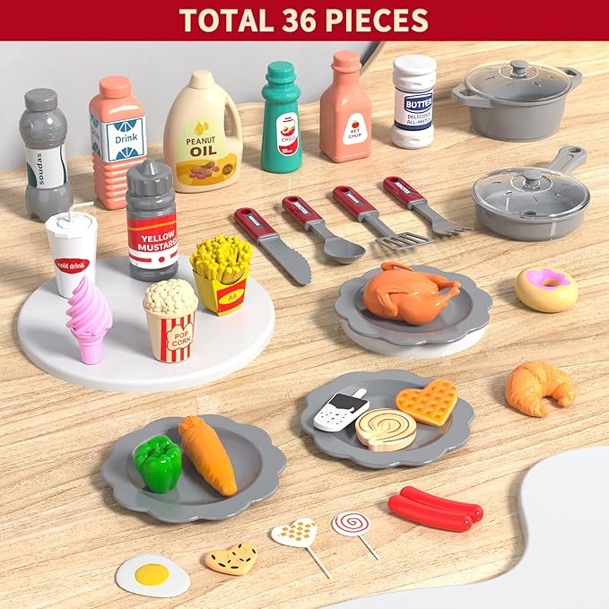 Kids Kitchen Playset for Toddlers Girls, Toy Kitchen Sets Pretend Play Food Toys for Kids Girls Ages 3 4 5 6 7 8, with Light Sound Spray