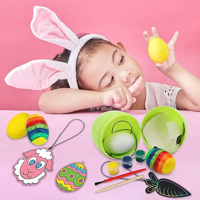 JOYIN 54 Pcs Easter Crafts Assortment Kit with Prefilled Easter Eggs Painting Kit Include Wooden Eggs, Suncatchers and Scratch Cards for Party Favor, Basket Stuffers Fillers