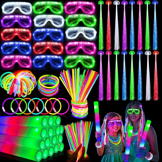 168 PCS Glow Party Supplies Light Up Party Favors with 16 Foam Glow Sticks, 16 LED Glasses,120 Glow Sticks Bracelets and 16 LED Hair Clips Fiber Optic Neon Accessories for Birthday, Wedding, Concert