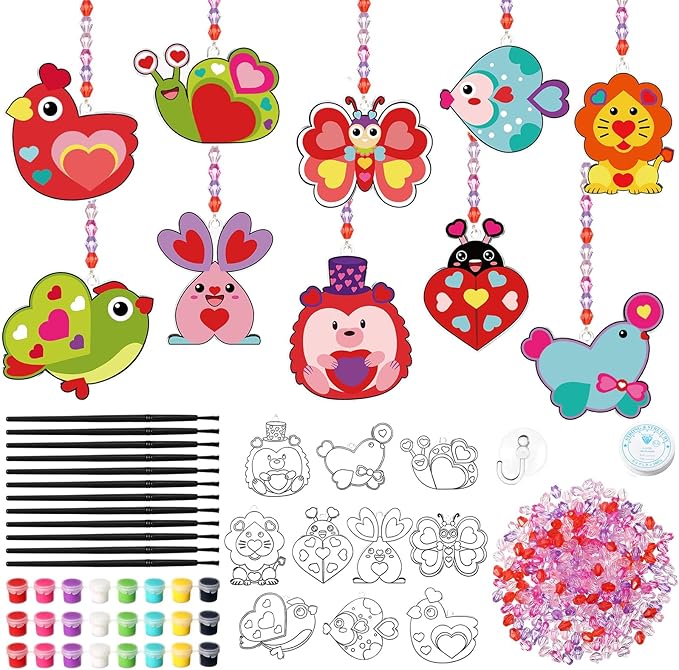 30 Set Valentine's Day Craft Kit Pink Heart DIY Craft Make Your Own Painting Suncatcher Ornaments for Valentine Art Painting Activity