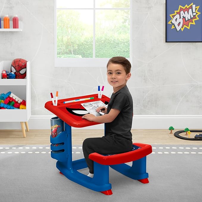 Spider-Man Draw and Play Desk by Delta Children – Includes 10 Markers and Coloring Book, Blue
