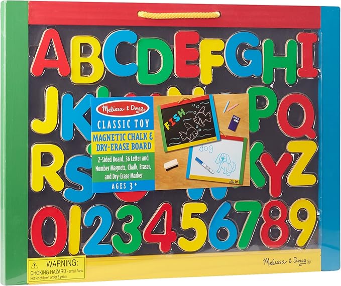 Melissa & Doug Magnetic Chalkboard and Dry-Erase Board With 36 Magnets (Numbers and Uppercase Letters), Chalk, Eraser, and Dry-Erase Pen Letters And Numbers Learning Toys, Chalk Board