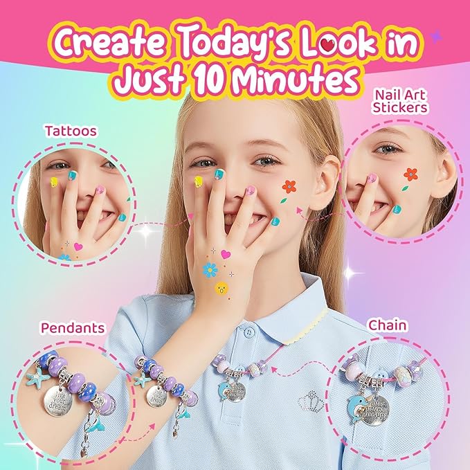 Kids Makeup Sets for Girls - Washable Real Cosmetics Set with Jewelry-Making for Children, Ocean Princess Dress-Up Makeup Bracelet Kits, Ideal Winter Birthday Gift for 4-12 Year Olds (Blue)