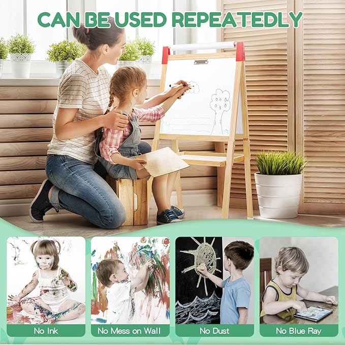 GAOMON Art Easel for Kids, Wooden Dry Erase Easel w/Large LCD Board & Magnetic Whiteboard, Paper Roll, Adjustable Height & Accessories, Double-Sided Drawing Standing Easel for Boy Girl Aged 3+