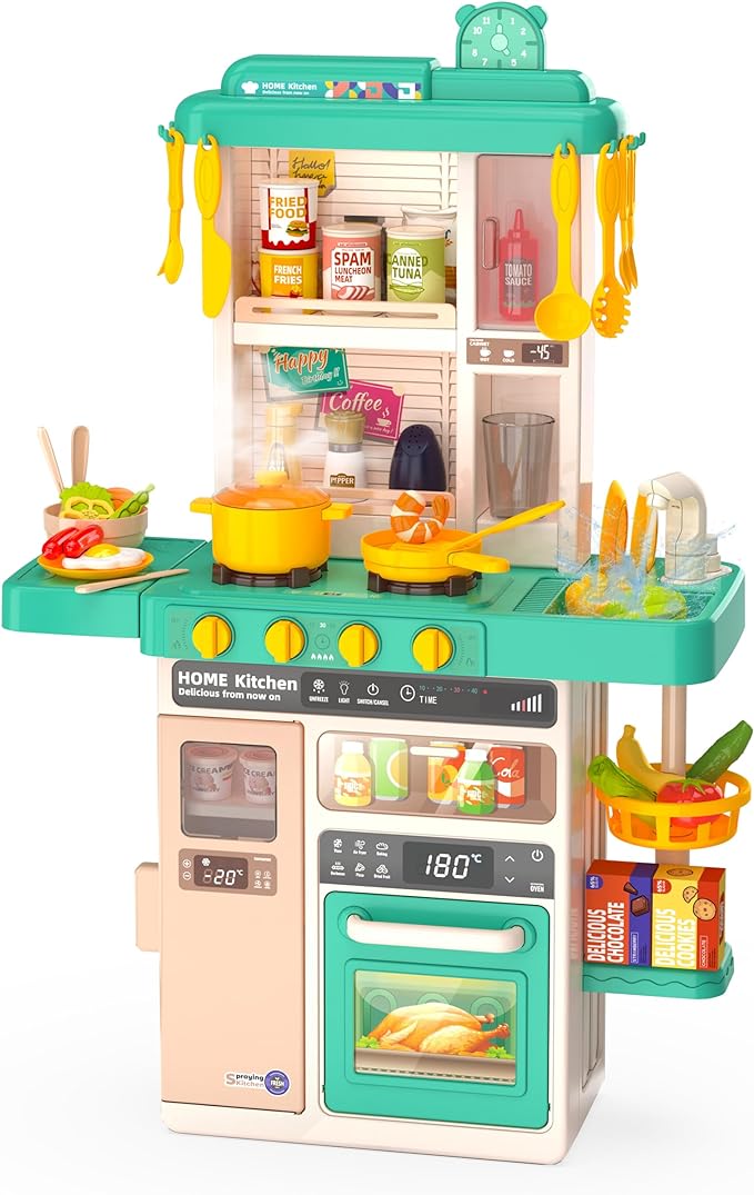 Kids Kitchen Play Set,Interactive Kids Kitchen Play Set with 50Pcs of Pretend Kitchen Toys,Realistic Sound Effects,and Simulated Functionality - Suitable for Toddlers Aged 2-12 Years (Green)