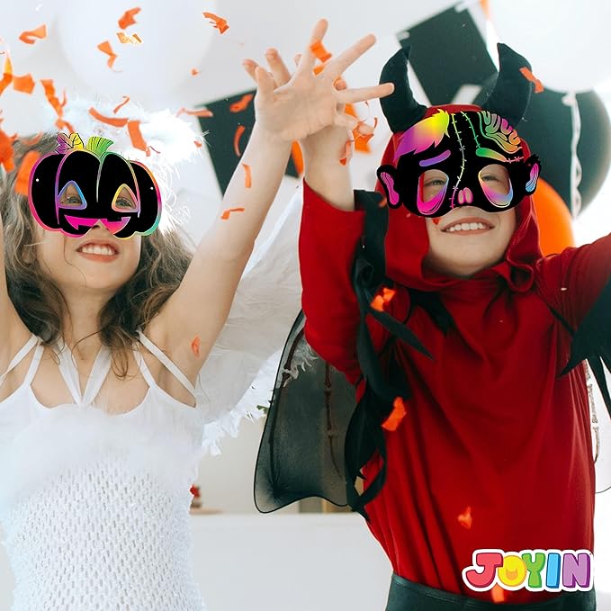 JOYIN 32 Pcs Halloween Rainbow Scratch Masks Crafts for Kids, Halloween Party Favors, Scratch Art Masks, Halloween Party Supplies, Scratch Off Paper Animal Masks Classroom Activities Gift Party Games