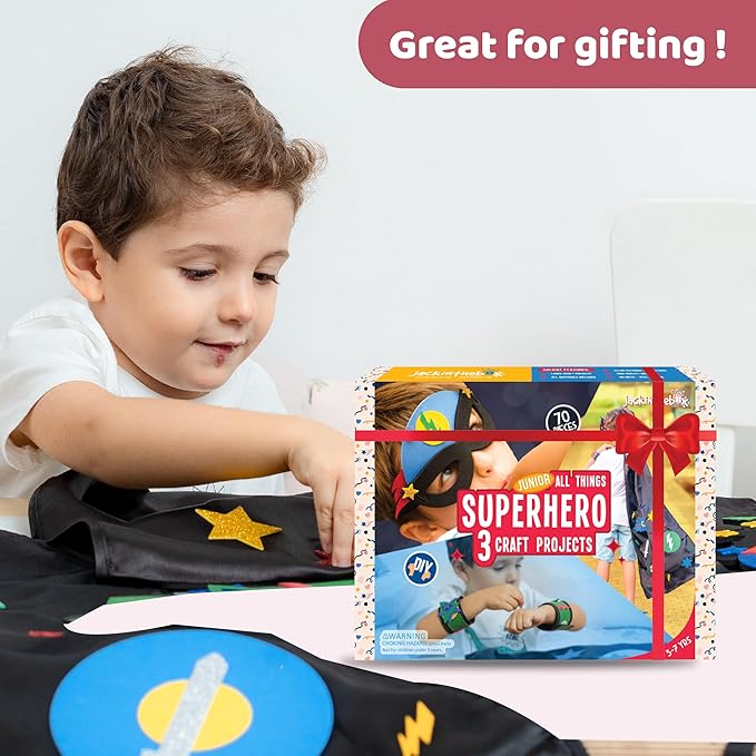 jackinthebox Superhero DIY Dress up Art and Craft Kit | Make a Cape, Mask and Cuffs | Best Gift for Boys Ages 5 6 7 8 Years | 3 Craft Projects in 1 Box