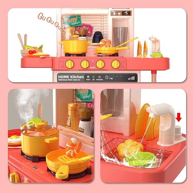 Kids Kitchen Play Set,Interactive Kids Kitchen Play Set with 50Pcs of Pretend Kitchen Toys,Realistic Sound Effects,and Simulated Functionality - Suitable for Toddlers Aged 2-12 Years(Pink)