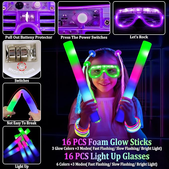 168 PCS Glow Party Supplies Light Up Party Favors with 16 Foam Glow Sticks, 16 LED Glasses,120 Glow Sticks Bracelets and 16 LED Hair Clips Fiber Optic Neon Accessories for Birthday, Wedding, Concert