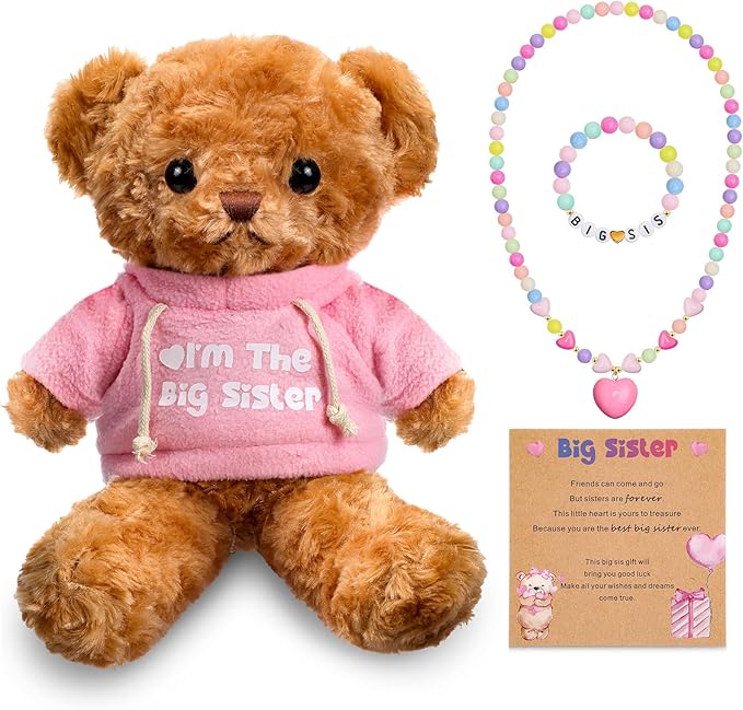 Taiyin Big Sister Gift Set Big Sister Bear with Bracelet Necklace Jewelry “I'm the Big Sister” Message Stuffed Animal Bear Toy Big Sis Gifts for Little Girls Christmas