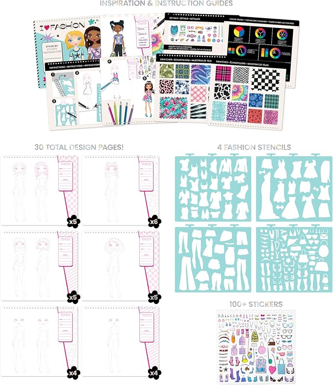 Fashion Angels Fashion Design Sketch Portfolio - Sketch Book for Beginners, Sketch Pad with Stencils and Stickers for Kids 6 and Up, Brown(Covers May Vary)