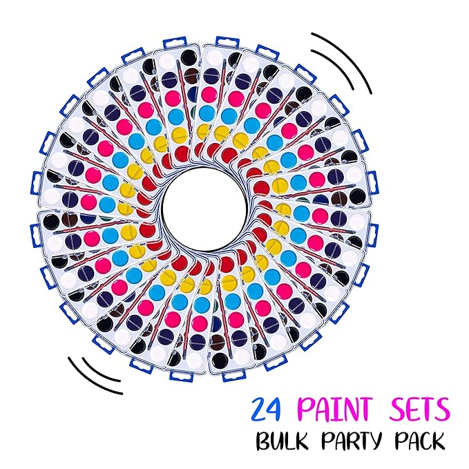 Pack of 24 Watercolor Paint - 12 Washable Paint Palettes (2oz/each) - Water Color Paint Sets for Kids - Ideal for Art Projects, School, Classrooms, and Home - Vibrant Colors and Easy Clean-Up
